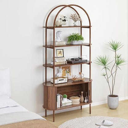 79" Tall Arched Bookshelf with Sliding Tambour Doors, Mid Century Modern Curved Bookcase Cabinet with Storage, 4-Tier Open Display Storage Shelf for Home Office,Living Room (Walnut, 79inch)