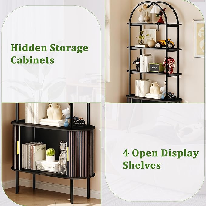 71" Tall Fluted Arched Bookshelf with Sliding Tambour Doors, Mid Century Modern Metal Curved Bookshelf Cabinet with Storage, 4-Tier Open Display Storage Shelf for Home Office, Living Room (Black