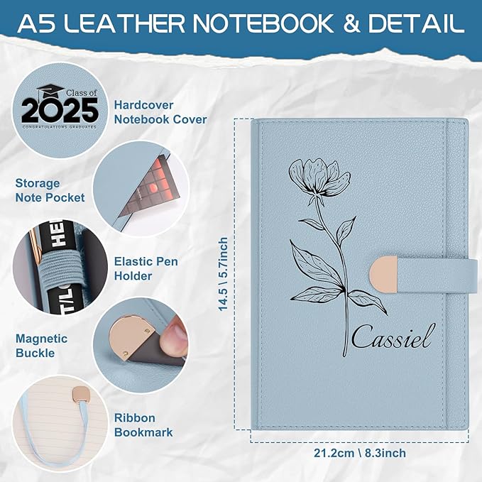 ENOMY Personalized A5 Notebook Set 300 Pages Custom Notebook PU Leather Personalized Journal with Storage Pocket for Writing College Office Business Gift, Blue