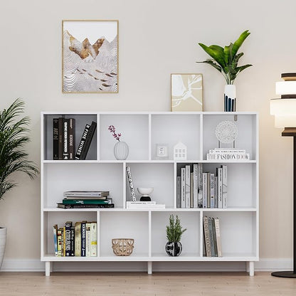 Wood Cube Storage Organizer White Bookshelf - 3-Tier Freestanding Storage Cabinet with Legs for Home Office, 11-Cubes Open Shelf