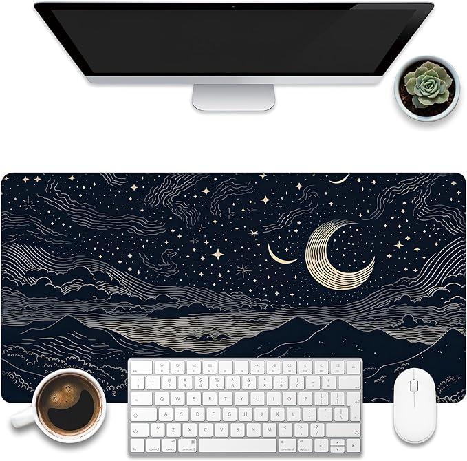 Desk Pad, Beautiful Night Sky Desk Mat, Line Stars and Moon Large Gaming Mouse Pad for Desk, 31.5"x15.7" Extended Big Computer Keyboard Mouse Pad with Non-Slip Base and Stitched Edge