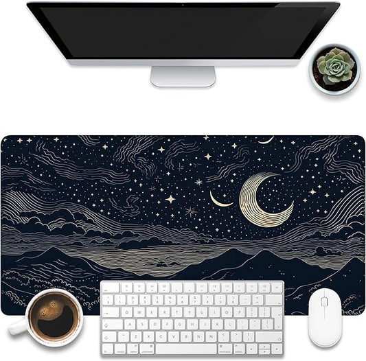 Desk Pad, Beautiful Night Sky Desk Mat, Line Stars and Moon Large Gaming Mouse Pad for Desk, 31.5"x15.7" Extended Big Computer Keyboard Mouse Pad with Non-Slip Base and Stitched Edge