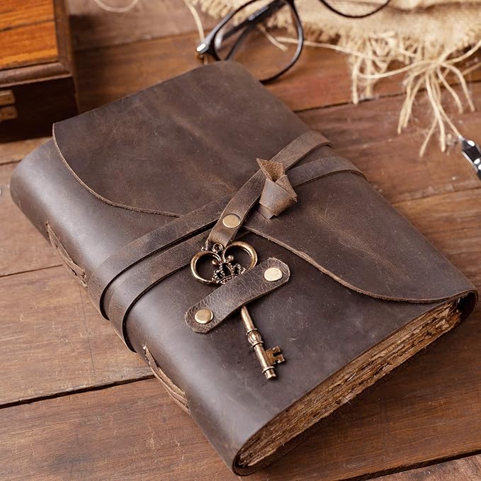 Vintage Leather Journal - Antique Handmade Deckle Edge Vintage Paper Leather Bound Journal - Book of Shadows Journal - Leather Sketchbook - Drawing Journal - Great Gift (Vintage Brown, 7.5"x5.5")