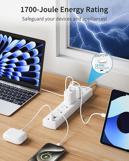 2 Prong Power Strip, 2 to 3 Prong Outlet Adapter with 5 AC & 4 USB Ports (2 USB C), 5FT Braided Cord, 1700J Two Prong Surge Protector, Wall Mountable, Ideal for Old House Non-Grounded Outlets