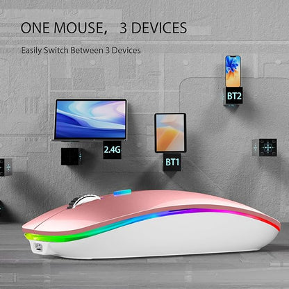 TENMOS Wireless Bluetooth Mouse, LED Slim (BT 5.1 + USB) 2.4GHz Rechargeable Silent Mouse with Type C Adapter for Laptop/MacBook/iPad OS 13 and Above (Rose Gold)