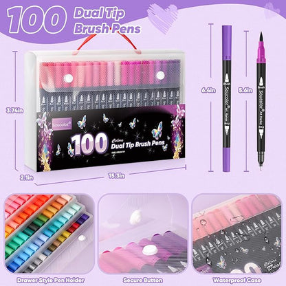 Soucolor Gifts for Teen Girls, Aesthetic Cute Preppy Stuff School Supplies, Teen Girl Gifts, Art Kits for Girls Ages 6-14, 100 Colors Dual Tip (Brush and Fine Point) Markers Pens for Mothers Day Gift