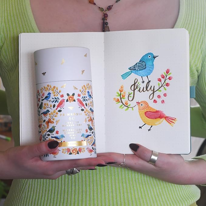 Primrosia Fauna - 60 Dual Tip Watercolor Brush and Fine Tip Pens. Marker Pens for Art Sketching Illustration Calligraphy Permanent Highlighter Bullet Journal Drawing Adult Coloring