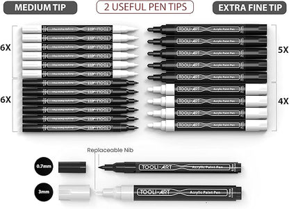 TOOLI-ART Black And White Acrylic Paint Markers Paint Pens Set For Rock Painting, Canvas, Mugs, Metal, Glass Paint, Fabric, Wood, DIY. Non Toxic, Quick Dry,Waterbas (EXTRA FINE & MEDIUM)