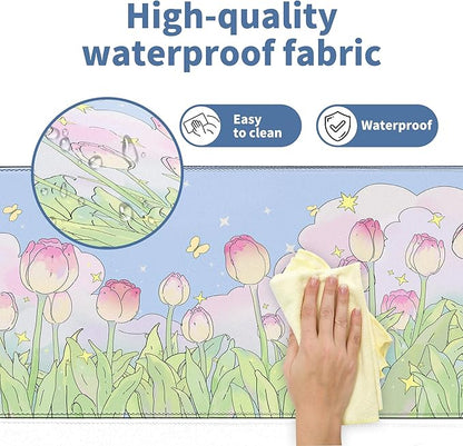 Kawaii Flower Mouse Pad Large Desk Mat Extended Keyboard Mouse Pad Cute XL Mousepad with Non-Slip Base and Stitched Edge Plant MouseMat Desk Pad 31.5 x 11.8 in Mouse Pads for Desk Home Office Gaming