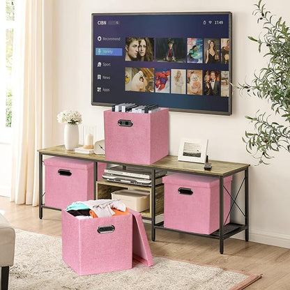 Storage Bins with Lids, Collapsible Linen Fabric Boxes Organizer Containers with Lid Foldable Storage Box Basket for Closet, Shelves, Home, Office, 11 x 11 x 11.4 Inch, 4 Pack, Pink