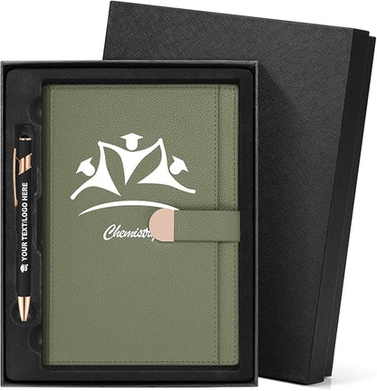 ENOMY Personalized A5 Notebook Set 300 Pages Custom Notebook PU Leather Personalized Journal with Storage Pocket for Writing College Office Business Gift, Green