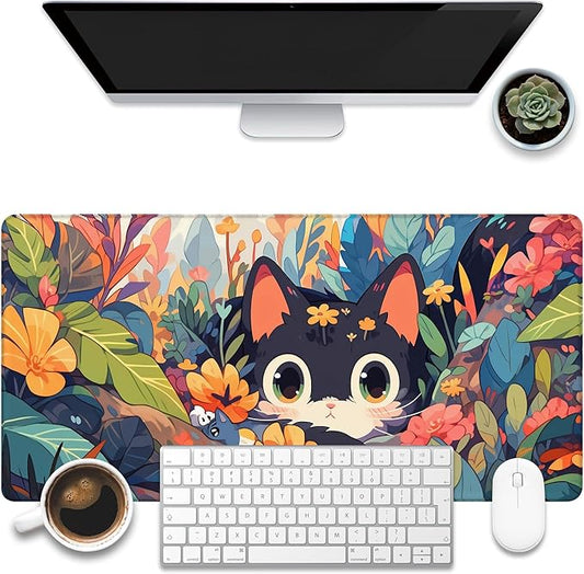 Desk Mat, Black Cat Among Flowers Desk Pad, Cute Cat Large Gaming Mouse Pad, 31.5"x15.7" Extended Big Computer Keyboard Mouse Pad with Non-Slip Base and Stitched Edge