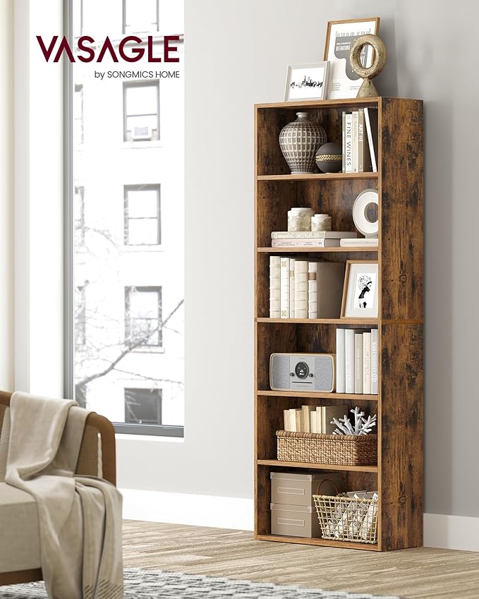 VASAGLE CUSTOS Collection - Bookshelf, 6-Tier Bookcase, Book Shelf, Open Storage Shelf, 9.4 x 23.6 x 63.3 Inches, for Living Room, Home Office, Dinning Room, Rustic Brown ULBC166X01