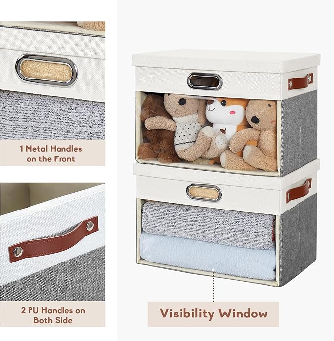 Fabric Clear Window Storage Bins with Lid, Closet Storage Box Linen Closet Baskets with 3 Handles for Organizing Clothing, Jeans, Shelves 15''- 3 Pack (Gray and White)
