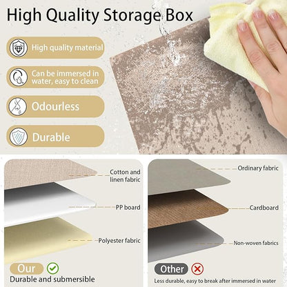 Yawinhe Collapsible Storage Boxes, Linen Fabric Baskets, Bin with lid and Leather Handle, Washable, for Home, Closet, Beige, 17.7''Lx11.8''Wx11.8''H, 1-Pack, USNK024BEX-1