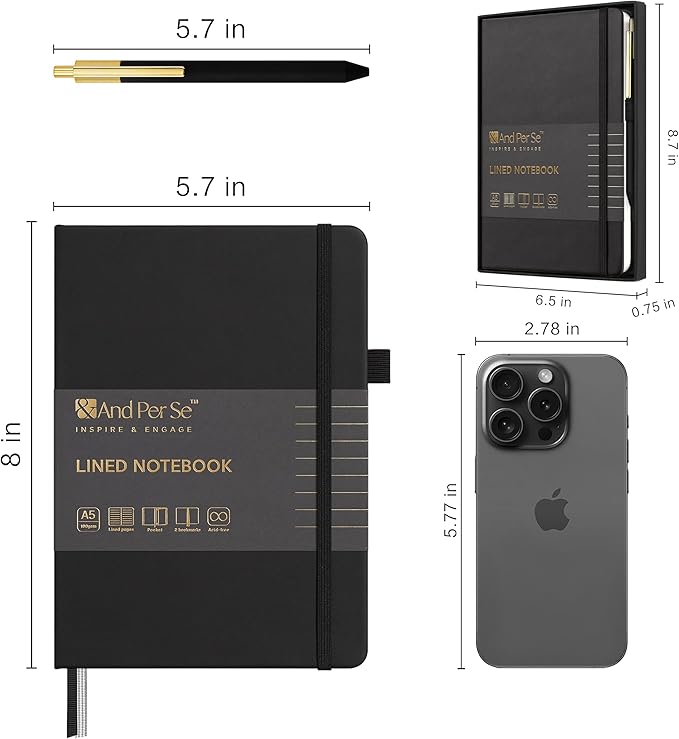 &And Per Se Lined Journal and Pen Set, A5 Leather Journal Stationery Set, 160 Pages 100GSM Thick Paper, Notebook Gift Set (Black)