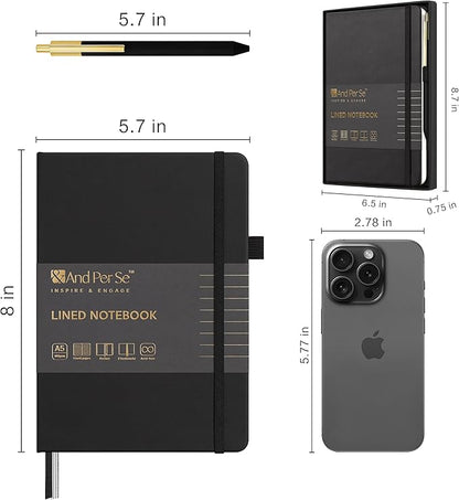 &And Per Se Lined Journal and Pen Set, A5 Leather Journal Stationery Set, 160 Pages 100GSM Thick Paper, Notebook Gift Set (Black)