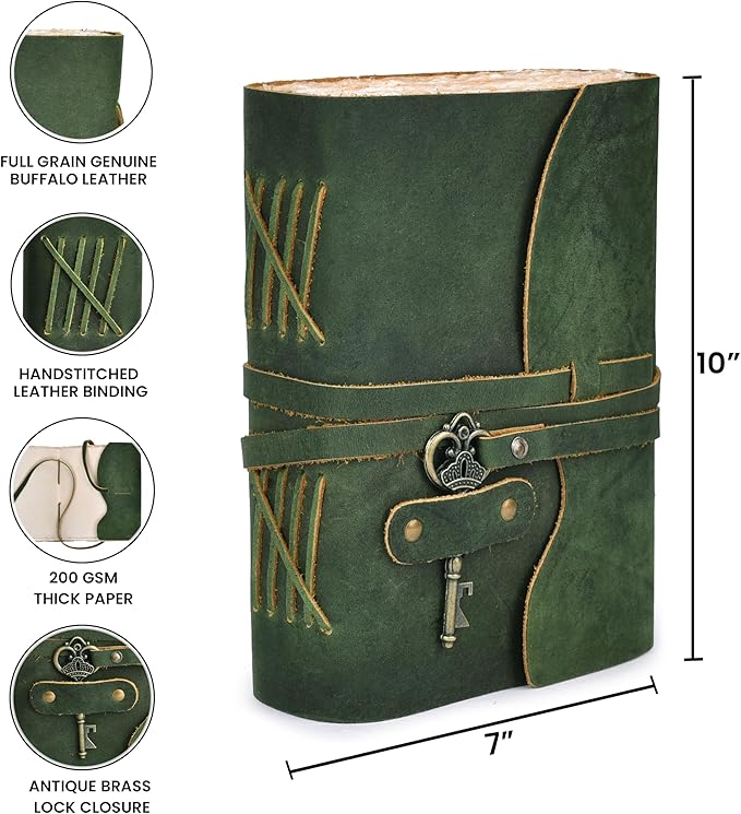 LEATHER VILLAGE Vintage Leather Journal – 200 Handmade Vintage Deckle Edge Paper – Leather bound Journal For Women Men – Vintage Key Closure - Book of Shadows - Green - 10X7 inches