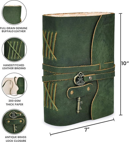 LEATHER VILLAGE Vintage Leather Journal – 200 Handmade Vintage Deckle Edge Paper – Leather bound Journal For Women Men – Vintage Key Closure - Book of Shadows - Green - 10X7 inches
