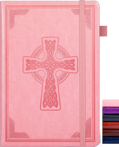 CAGIE Leather Lined Journal Notebook for Men & Women, Debossed Cross, 320 Pages 100 GSM Thick Paper, A5 Hardcover Journaling Notebooks for Writing, 5.7'' X 8.3'' Diary, Pink