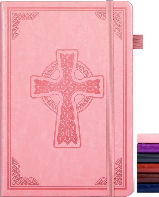 CAGIE Leather Lined Journal Notebook for Men & Women, Debossed Cross, 320 Pages 100 GSM Thick Paper, A5 Hardcover Journaling Notebooks for Writing, 5.7'' X 8.3'' Diary, Pink