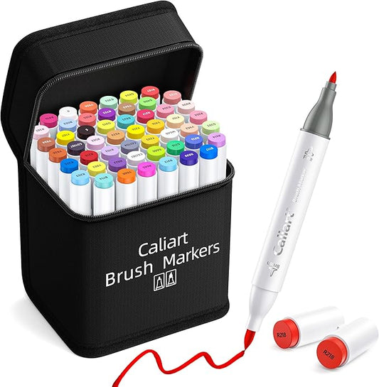 Caliart Alcohol Markers Brush Tip, 51 Colors Dual Tip Artists Coloring Markers Set Brush & Fine, Permanent Alcohol Based Colored Sketch Pens, Art Supplies Gifts for Adults Illustration Drawing