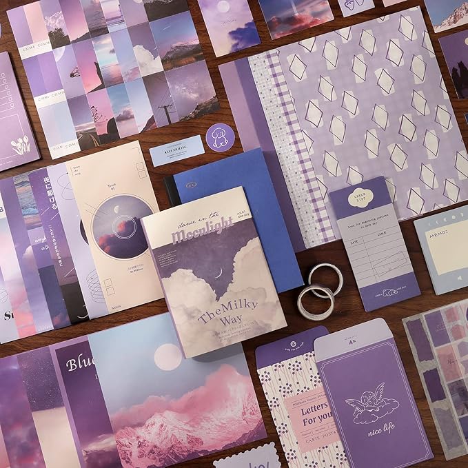 Draupnir Aesthetic Scrapbook Kit(348pcs), Bullet Junk Journal Kit with Journaling/Scrapbooking Supplies, Stationery,A6 Grid Notebook with Graph Ruled Pages DIY Scrapbook Gift for Girl Kid(Moonlight)