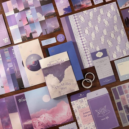 Draupnir Aesthetic Scrapbook Kit(348pcs), Bullet Junk Journal Kit with Journaling/Scrapbooking Supplies, Stationery,A6 Grid Notebook with Graph Ruled Pages DIY Scrapbook Gift for Girl Kid(Moonlight)