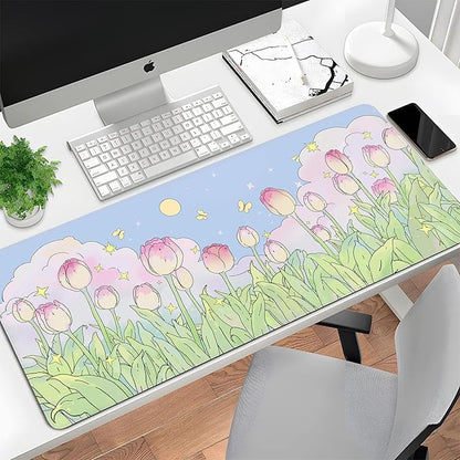 Kawaii Flower Mouse Pad Large Desk Mat Extended Keyboard Mouse Pad Cute XL Mousepad with Non-Slip Base and Stitched Edge Plant MouseMat Desk Pad 31.5 x 11.8 in Mouse Pads for Desk Home Office Gaming