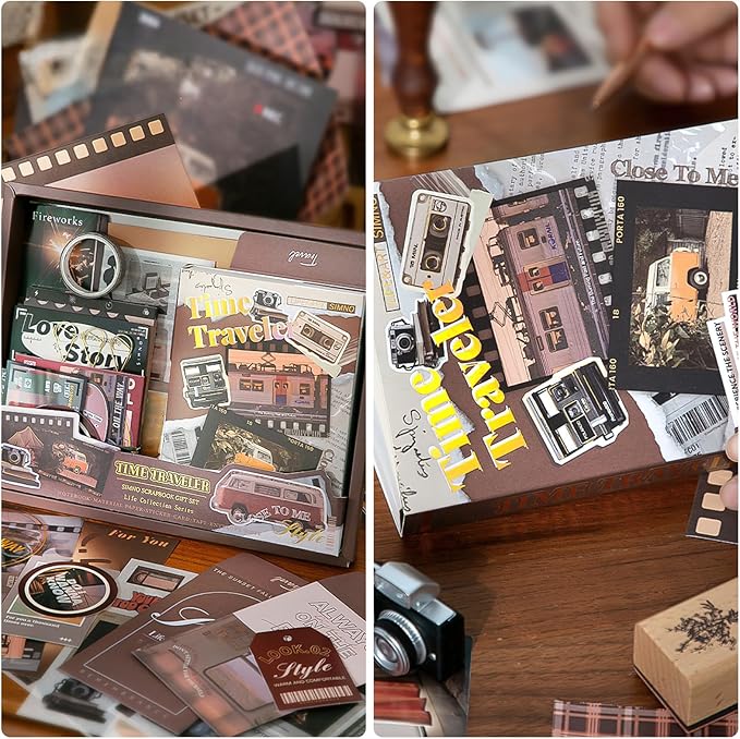 Scrapbook Supplies Kit, Vintage Aesthetic Scrapbook Kit, 351pcs Junk Journal Supplies with Scrapbooking Paper A6 Grid Notebook, Journaling Supplies, Birthday Craft Gift for Adult Teen, Time Traveler