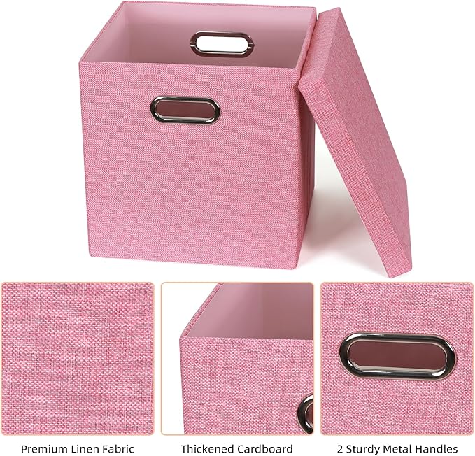 Storage Bins with Lids, Collapsible Linen Fabric Boxes Organizer Containers with Lid Foldable Storage Box Basket for Closet, Shelves, Home, Office, 11 x 11 x 11.4 Inch, 4 Pack, Pink