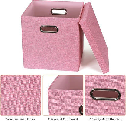 Storage Bins with Lids, Collapsible Linen Fabric Boxes Organizer Containers with Lid Foldable Storage Box Basket for Closet, Shelves, Home, Office, 11 x 11 x 11.4 Inch, 4 Pack, Pink