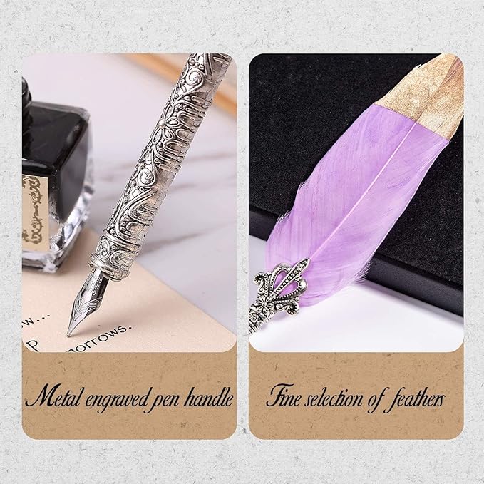 Quill Feather Pen and Ink Set,Calligraphy Set,Calligraphy Kits Include Antique Quill Feather Pen,6 Nibs,1 Bottles Inks,Pen Holder for Beginners Birthday Gift（Purple）