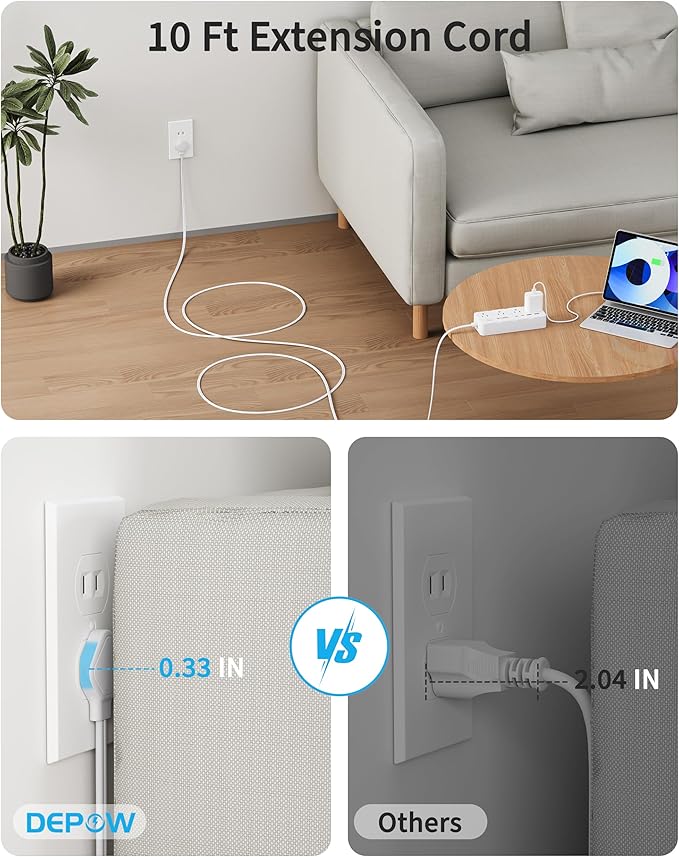 2 Prong Power Strip, 10 FT Extension Cord, 2 to 3 Prong Outlet Adapter with 8 AC & 4 USB Ports (2 USB C), 1700J Two Prong Surge Protector, Wall Mountable, Ideal for Old House