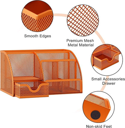 EasyPAG Mesh Desk Organizer with Drawer Multi-Functional Pen Holder Stationery Organizer for Office School Supplies 6 Compartments Dorm Organizers and Storage for Desk, Orange