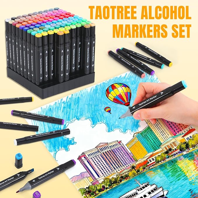 Taotree Alcohol Markers 100 Colors with Case & Holders, Dual Tips Art Coloring Markers Pens, Chisel & Fine Sketch Pens, Art Supplies for Artist Kids Adult Coloring Books Painting, Drawing, Sketching