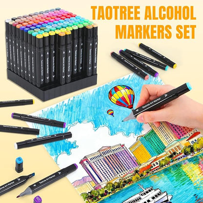 Taotree Alcohol Markers 100 Colors with Case & Holders, Dual Tips Art Coloring Markers Pens, Chisel & Fine Sketch Pens, Art Supplies for Artist Kids Adult Coloring Books Painting, Drawing, Sketching