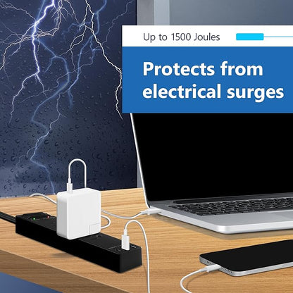 LIDER Outlet Extender with 4 Receptacles, USB-A and 2 USB-C, Ultra-Thin Flat-Plug with Cord Extender, 4-Outlet Power Strip, 45 Degree Angle, Surge Protectect 1500 Joules, 5ft Cord, UL-Listed, Black