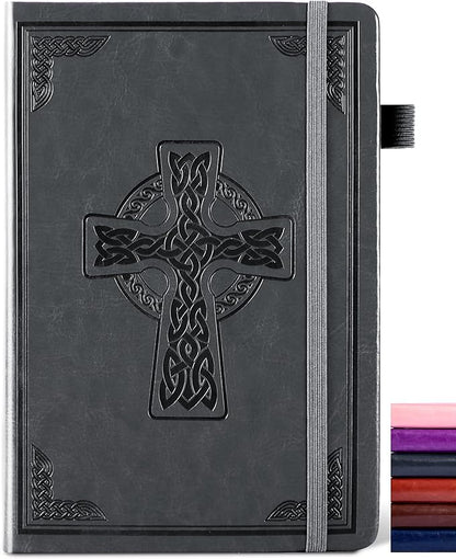 CAGIE Leather Lined Journal Notebook for Men & Women, Debossed Cross, 320 Pages 100 GSM Thick Paper, A5 Hardcover Journaling Notebooks for Writing, 5.7'' X 8.3'' Diary, Grey