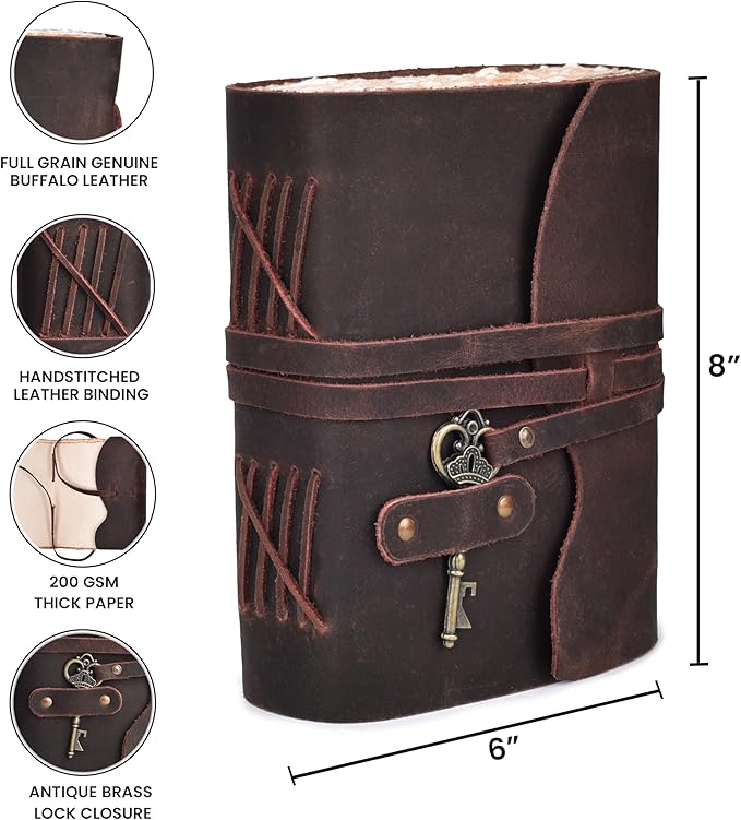LEATHER VILLAGE Vintage Leather Journal – 200 Handmade Vintage Deckle Edge Paper – Leather bound Journal For Women Men – Vintage Key Closure - Book of Shadows - Chocolate Brown - 8X6 inches (A5)