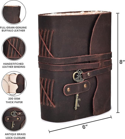 LEATHER VILLAGE Vintage Leather Journal – 200 Handmade Vintage Deckle Edge Paper – Leather bound Journal For Women Men – Vintage Key Closure - Book of Shadows - Chocolate Brown - 8X6 inches (A5)
