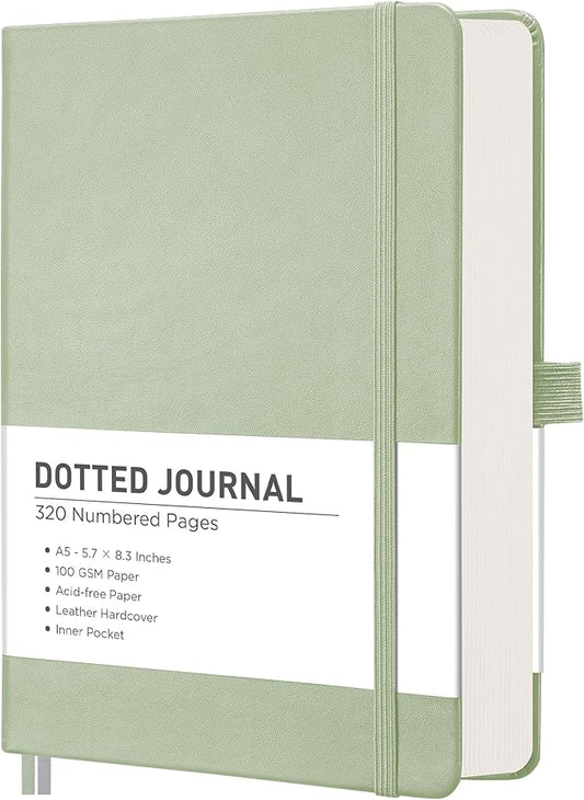RETTACY Bullet Dotted Journal Notebook, 320 Numbered Pages, A5 Medium Size (5.7'' × 8.3''), Leather Hardcover, 100 GSM Thick Paper, for Bullet Journaling, Planning, Tracking (Light Green)