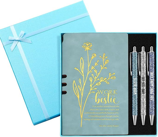 5 Pcs Work Besties Gifts for Women Set Leather Journal Ballpoint Pens with Box Thank You Appreciation Gift for Thanksgiving Christmas Birthday Work Bestie Gifts Coworker Friend (Blue)