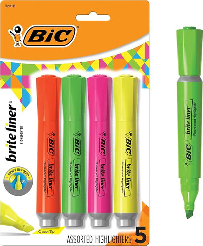 BIC Brite Liner Grip XL Highlighters, Chisel Tip, 4-Count Pack of Assorted Highlighters, Ideal Highlighter Set for Organizing and Coloring