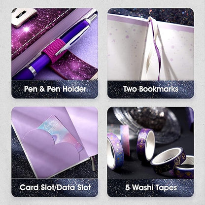 CAGIE Starry Constellation Lock Diary Set Gift Box with Pen & Tapes Secret Diary with Lock for Kids Girls Women Purple Journal Kit with Lock for Anniversary Birthday Holiday （Cancer）