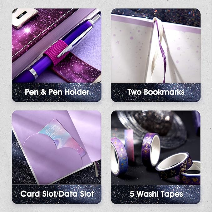 CAGIE Starry Constellation Lock Diary Set Gift Box with Pen & Tapes Secret Diary with Lock for Kids Girls Women Purple Journal Kit with Lock for Anniversary Birthday Holiday（Gemini）