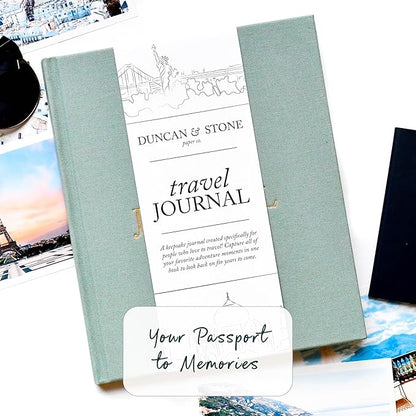 DUNCAN & STONE PAPER CO. Travel Journals - Elegant Journaling Notebook To Record All Your Travel Fun, & More - 110 Page Linen Hardcover Journal For Up To 15 Trips (Sage Green)