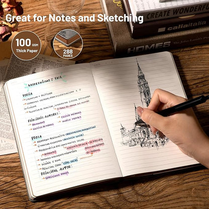 CAGIE Compass Leather Notebook Journal for Men, 100 GSM 288 Pages Lined Journals for Writing, A5 Hardcover Journaling Notebooks Gift Set with Pen for Travel Office Daily Writing