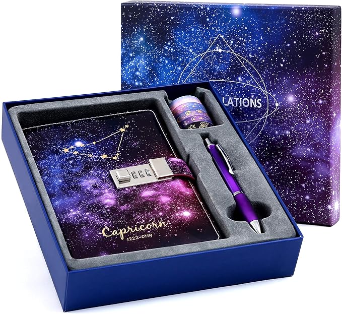 CAGIE Starry Constellation Lock Diary Set Gift Box with Pen & Tapes Secret Diary with Lock for Kids Girls Women Purple Journal Kit with Lock for Anniversary Birthday Holiday（Capricorn）