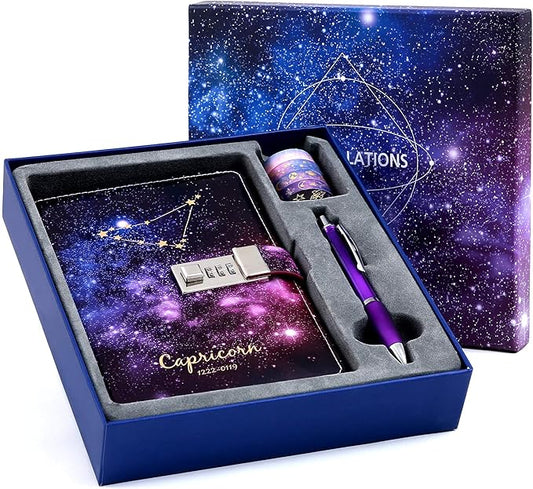 CAGIE Starry Constellation Lock Diary Set Gift Box with Pen & Tapes Secret Diary with Lock for Kids Girls Women Purple Journal Kit with Lock for Anniversary Birthday Holiday（Capricorn）